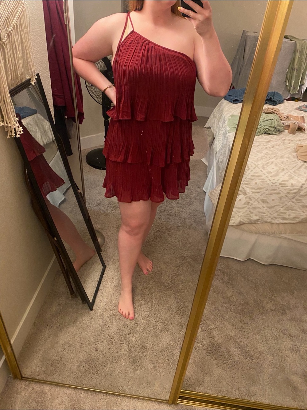 Asymmetric One-Shoulder Tiered Mini Dress in Burgundy